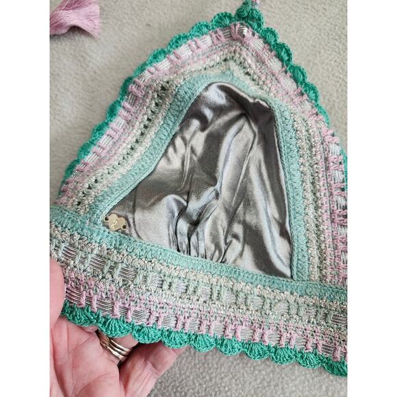 New Rinikini Bikini Top Small Crochet Metallic Teal Blue Silver Tassle - Picture 5 of 9